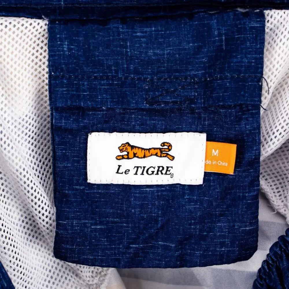 Le Tigre Men’s Medium Vintage Board Shorts Blue Yellow Striped Swim Trunks
